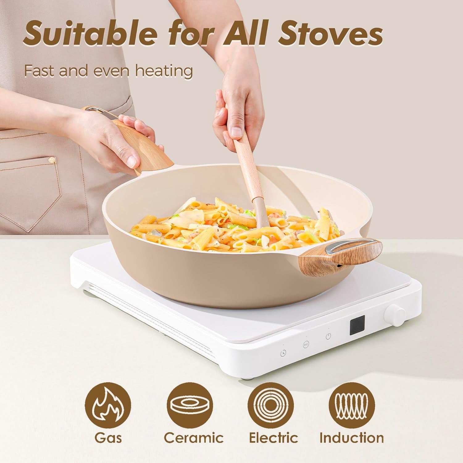 30cm Beige Deep Non Stick Saute Pan with Lid, 4.7L Skillet Induction Compatible