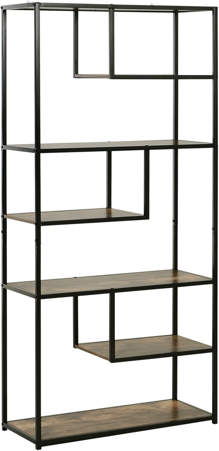 Industrial 6-Tier Bookcase Rustic Brown & Black Tall Metal Frame Display Shelf