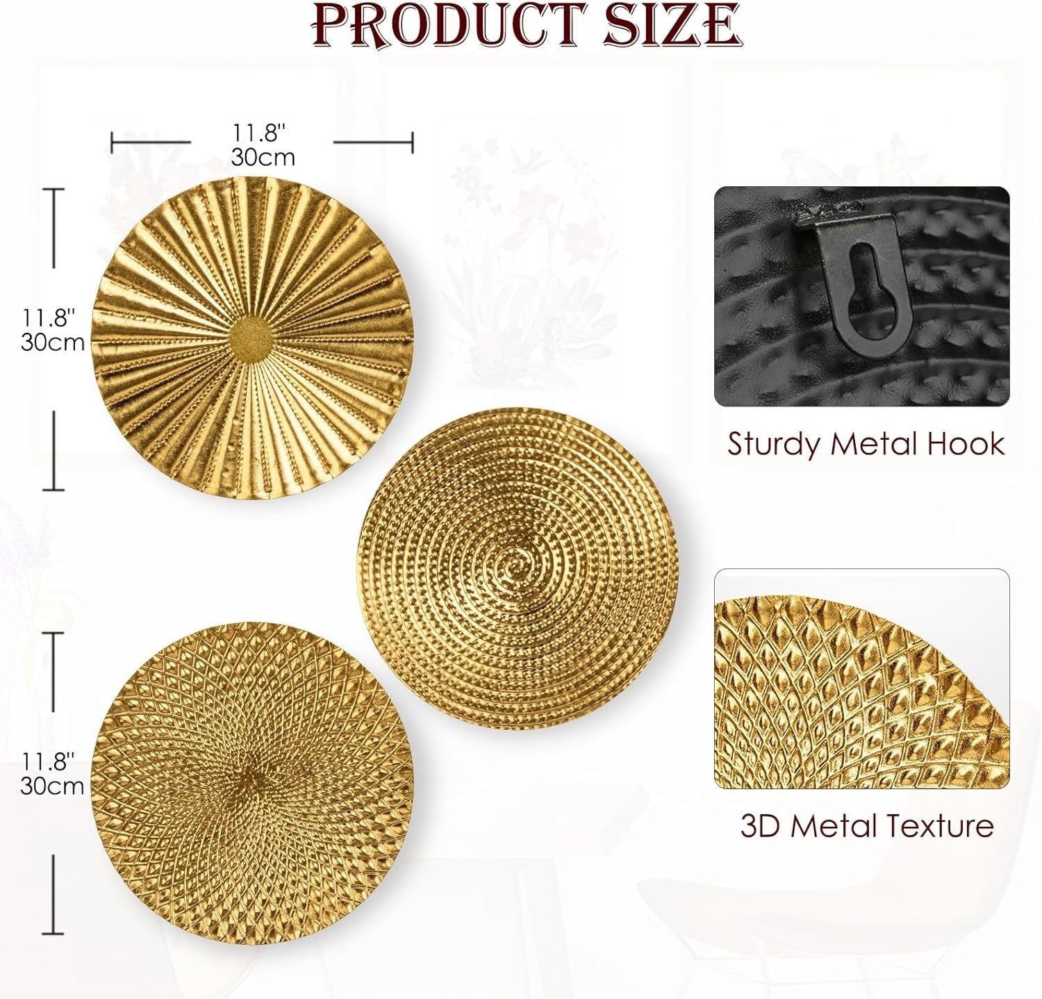 Gold Metal Wall Art Set of 3 Starburst Round Plates 12” Décor