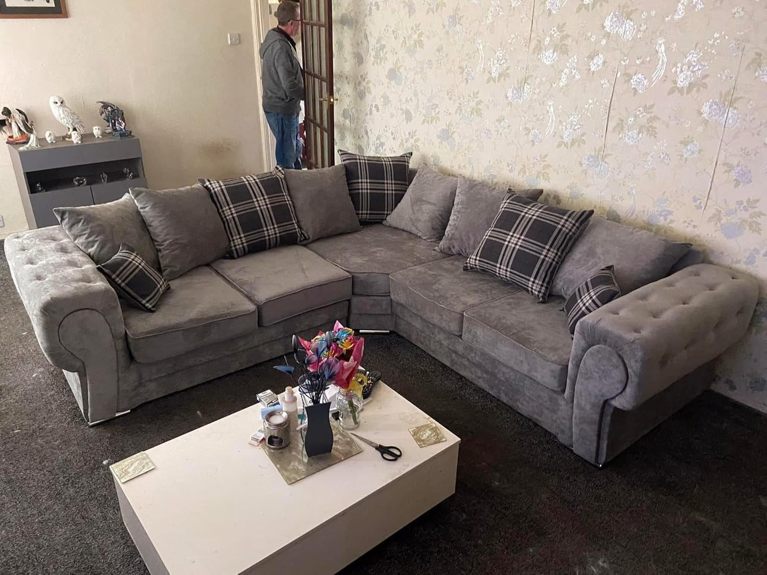 5 Seater Grey Chesterfield Corner Sofa | 240x240cm L Shape Scatterback