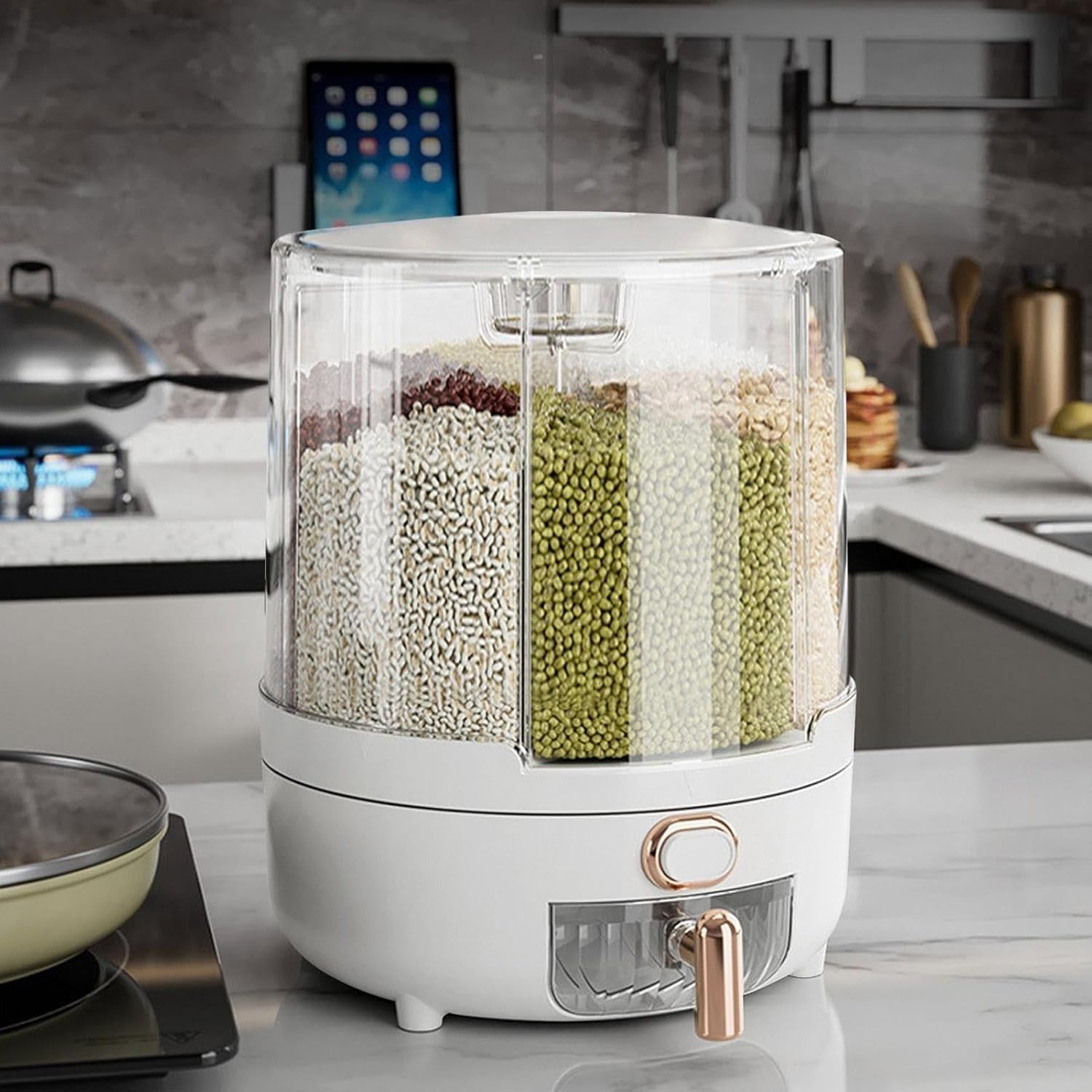 360° Rotating Grain Dispenser 6 Compartment Airtight Food Storage