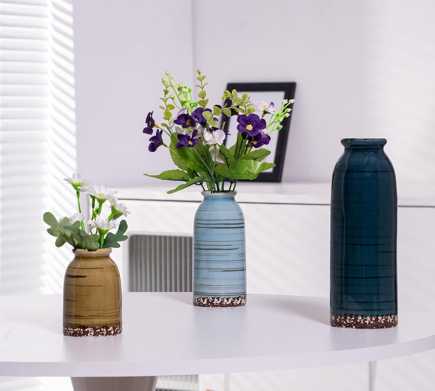 Blue Ceramic Vase Set of 3 Farmhouse Pampas Grass Vases Home Decor