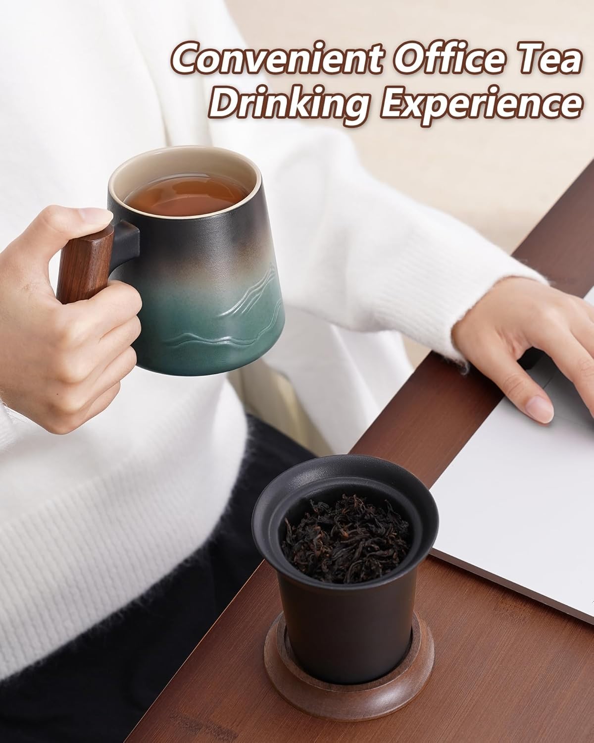 Ceramic Tea Mug 430ml with Infuser Lid & Wood Handle Loose Leaf Cup
