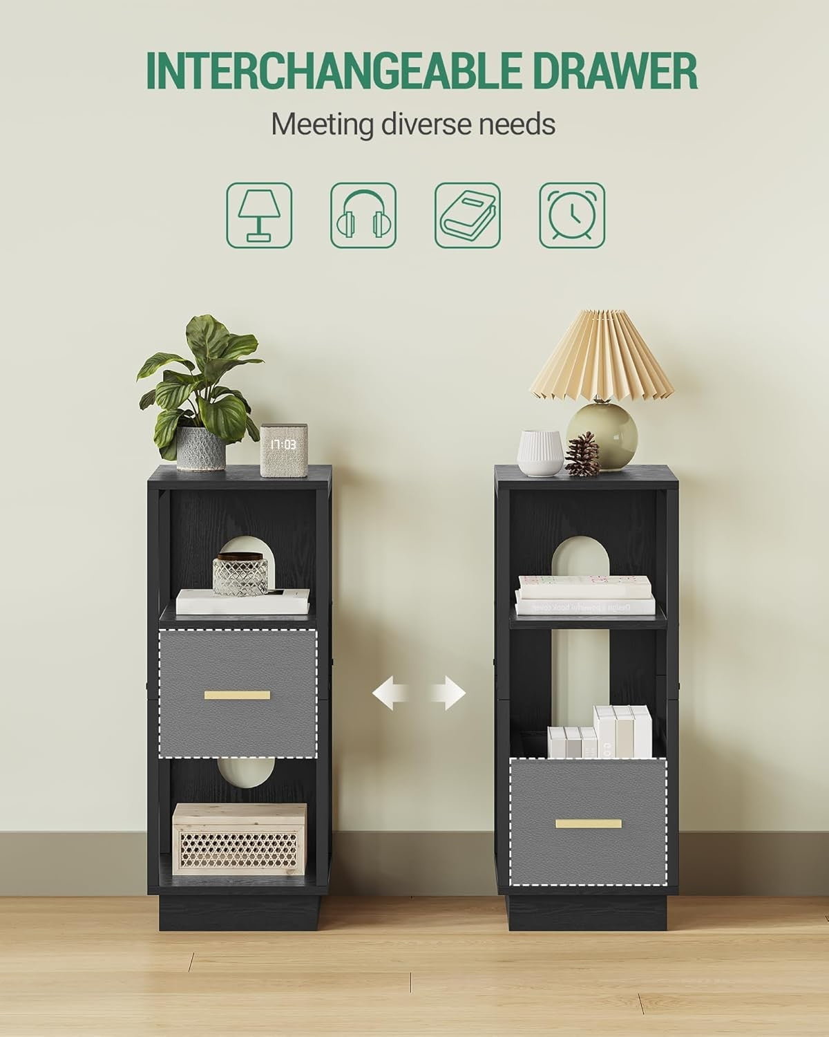 Set of 2 Slim Black Bedside Tables – Modern Narrow Nightstands with Drawer & She