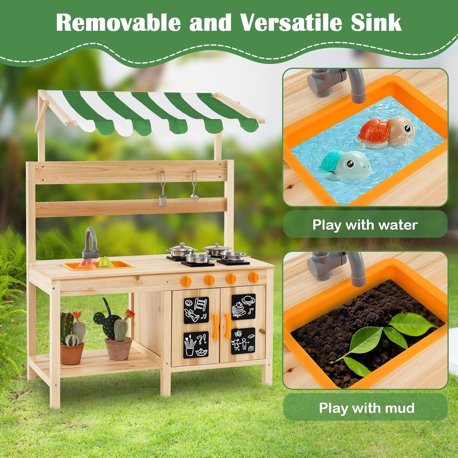 Outdoor Mud Kitchen Kids Wooden Playset Canopy Sink Stove Toy