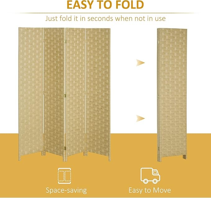 4 Panel Folding Room Divider – Brown Woven Privacy Screen for Bedroom
