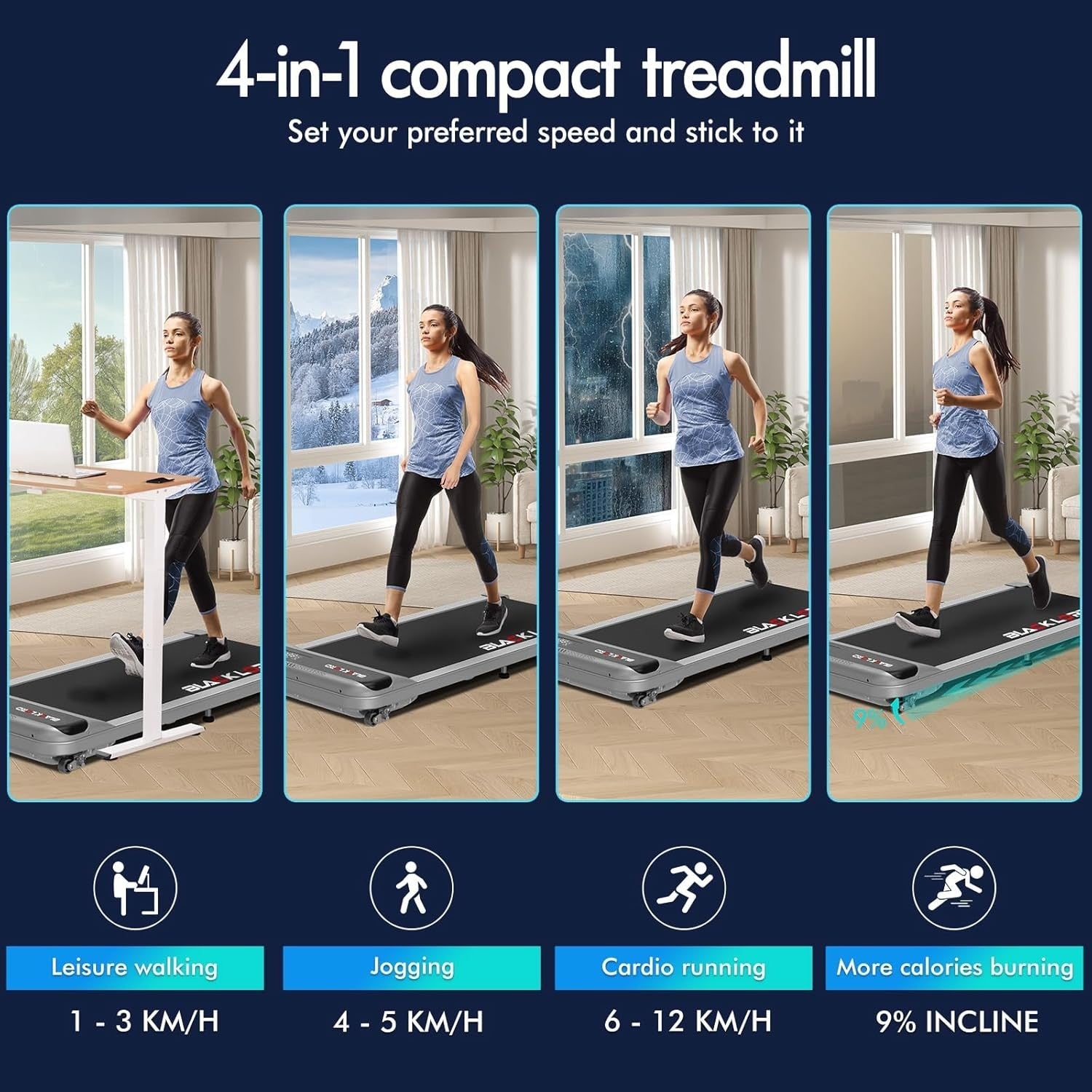 Under Desk Treadmill Walking Pad 12km/h 9% Incline Foldable Home Gym
