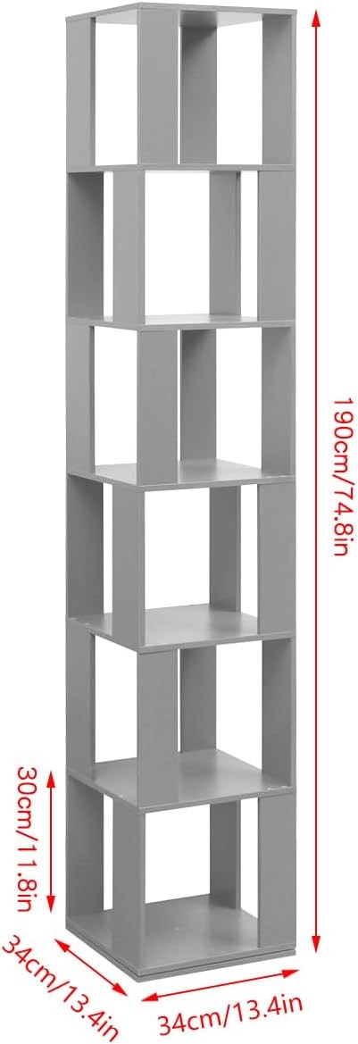 Slim Rotating 6-Tier Bookshelf Tall Corner Storage Unit Modern Display Shelf