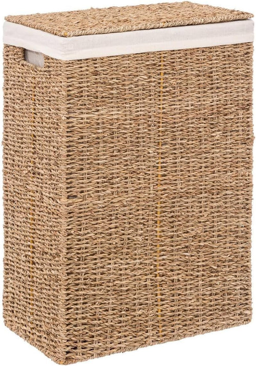 Seagrass Laundry Basket with Lid & White Liner – Tall Natural Hamper 56cm