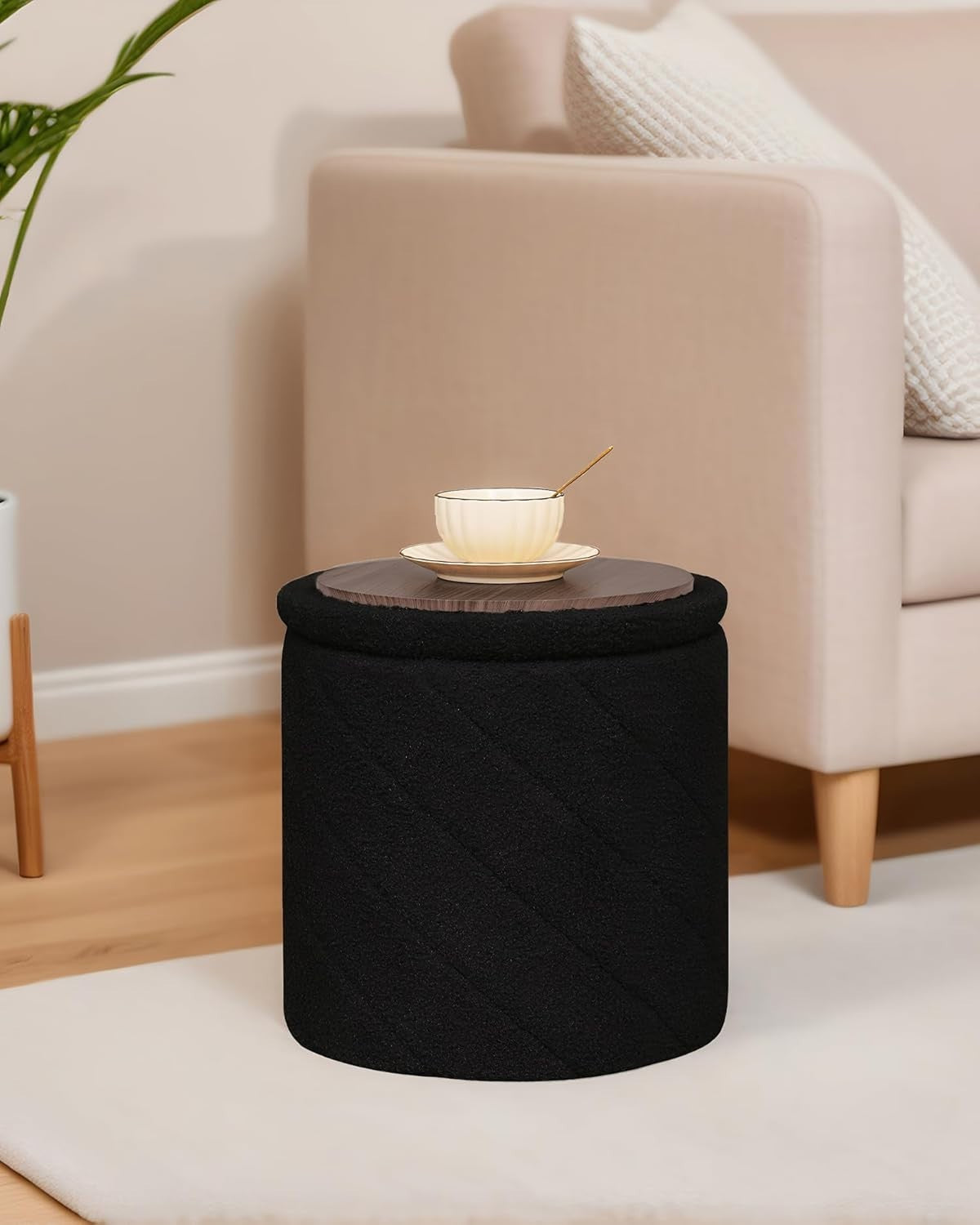 Black Boucle Round Storage Ottoman Stool Folding Footrest Vanity Seat