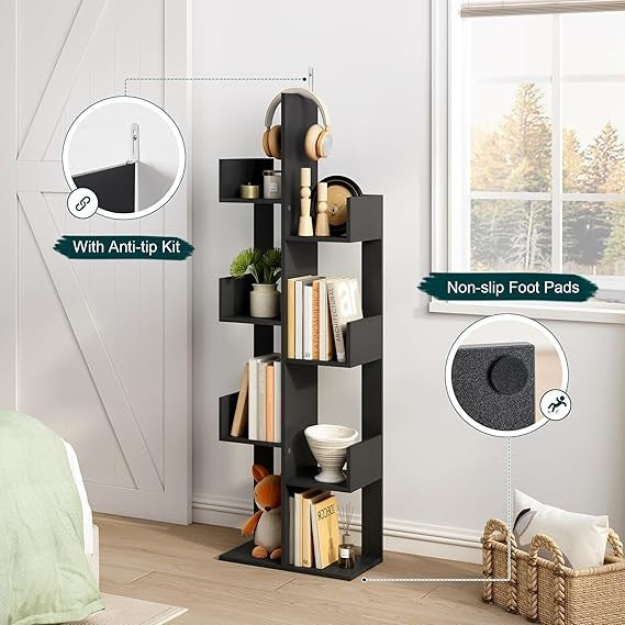 8-Tier Modern Tall Bookcase – Slim S-Shaped Display Shelf for Bedroom Living