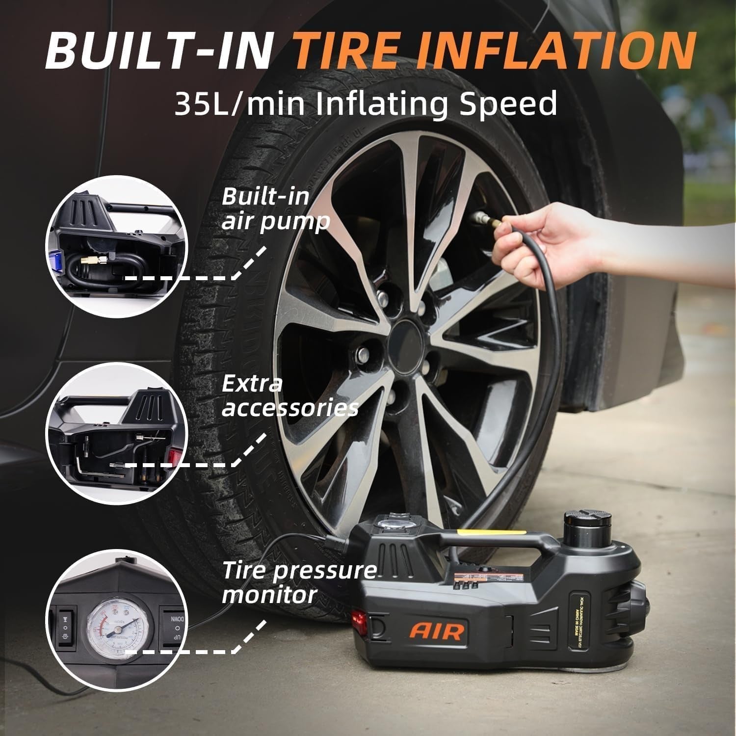 5 Ton Electric Hydraulic Car Jack 12V with Air Pump & Pressure Gauge 15–45cm