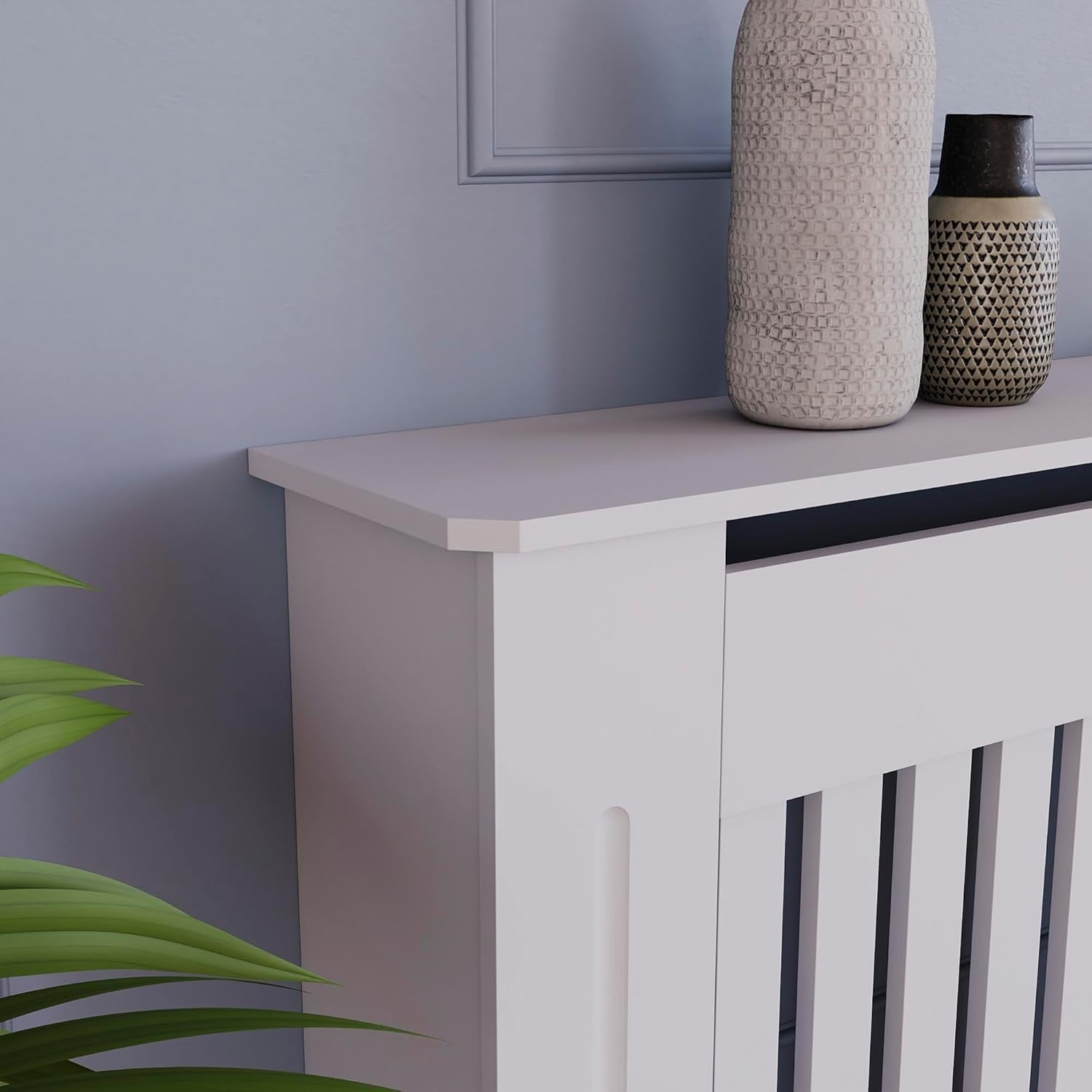 Medium White Radiator Cover Cabinet | Modern MDF Slatted Heater Cover with Shelf