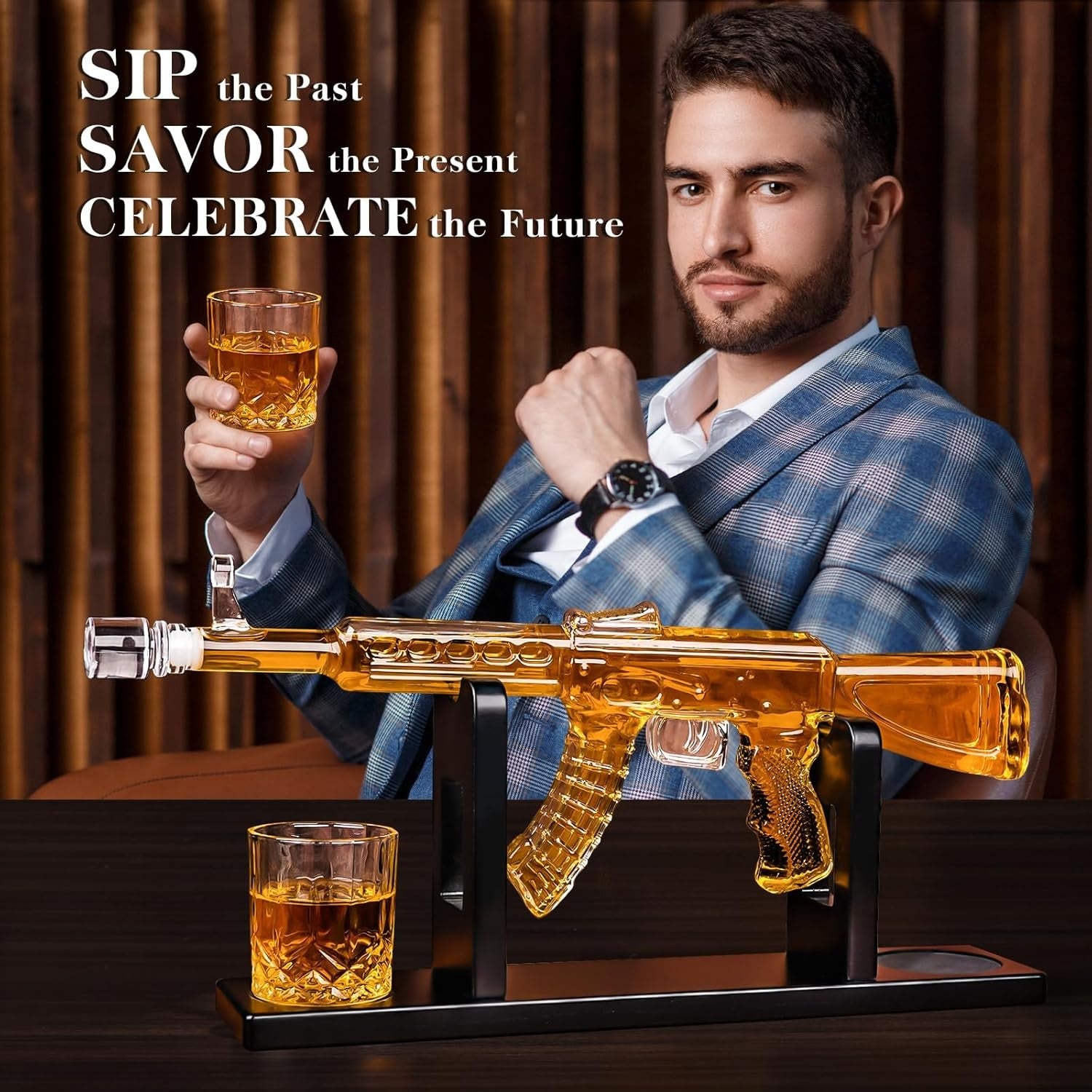 AK47 Whiskey Decanter Set with Stand & 2 Glasses – 1000ml Novelty Liquor Dispens
