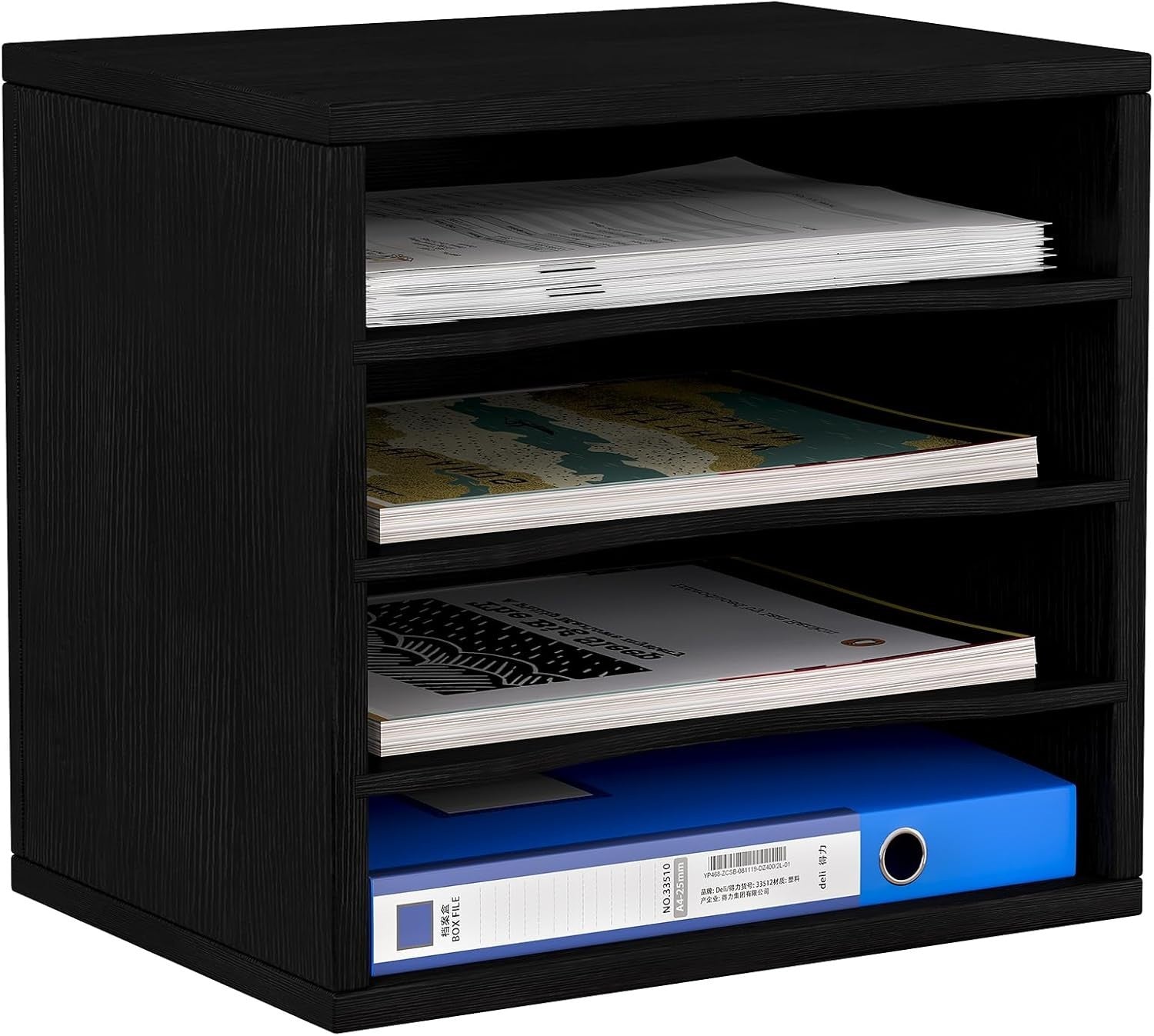 4 Tier A4 Desk File Organizer Wooden Paper Tray Magazine Rack Black