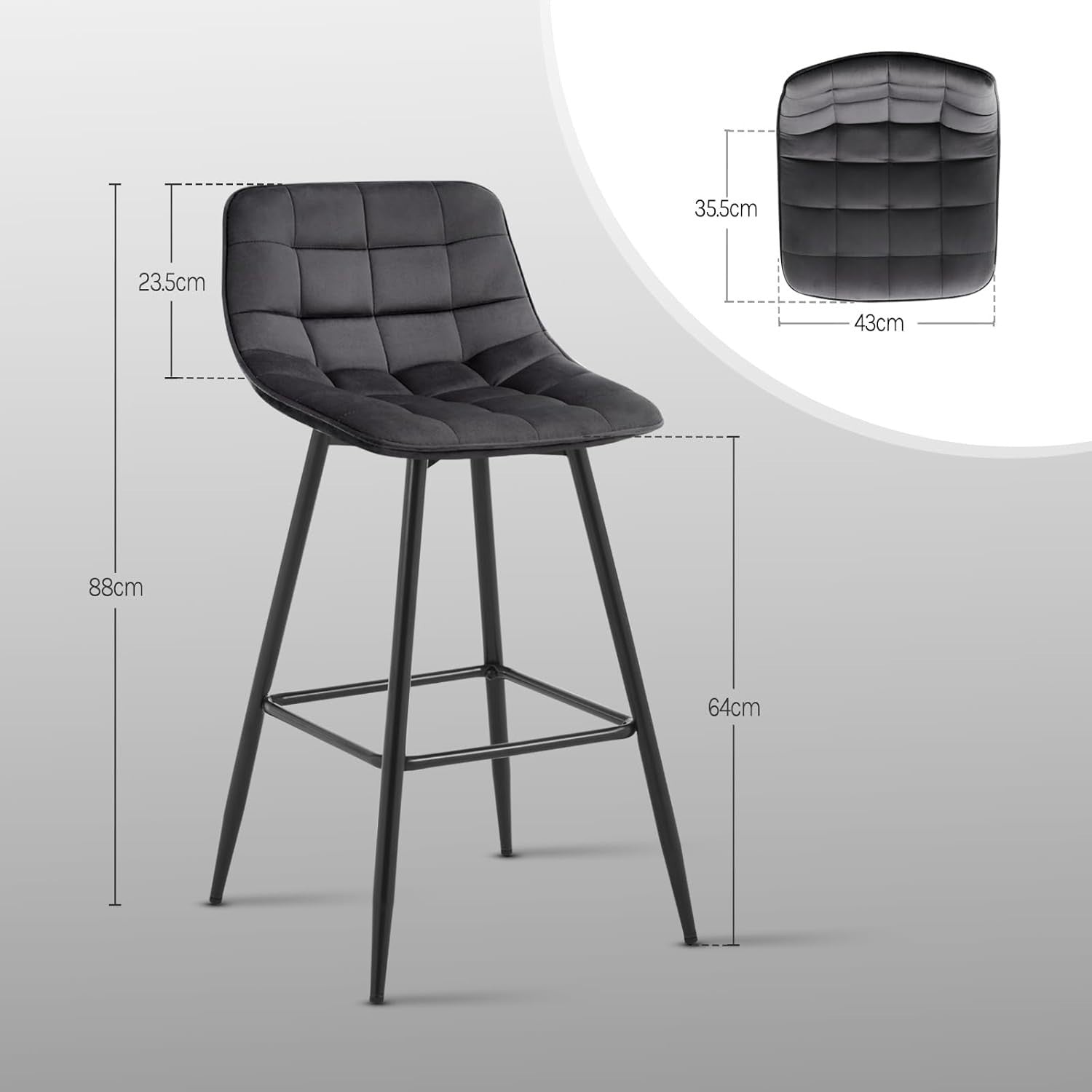 Dark Grey Faux Leather Bar Stools Set of 2 Ergonomic Kitchen Counter Seats