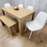 Oak Dining Table Set with 4 White Faux Leather Chairs & Bench, 6 Seater
