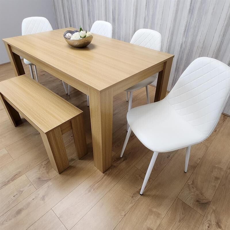 Oak Dining Table Set with 4 White Faux Leather Chairs & Bench, 6 Seater