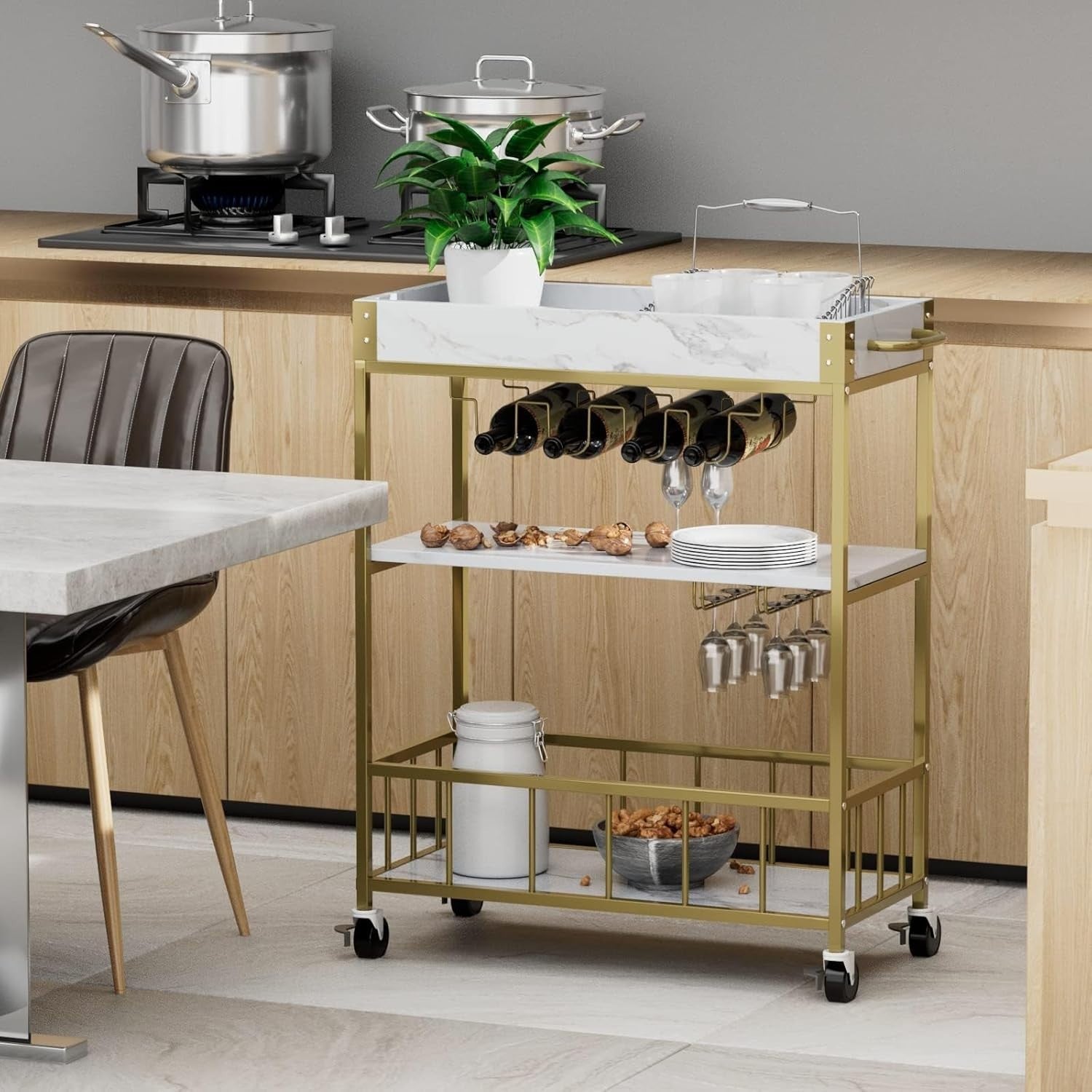 3 Tier Gold Bar Cart with Wine Rack & Glass Holder Rolling Drinks Trolley