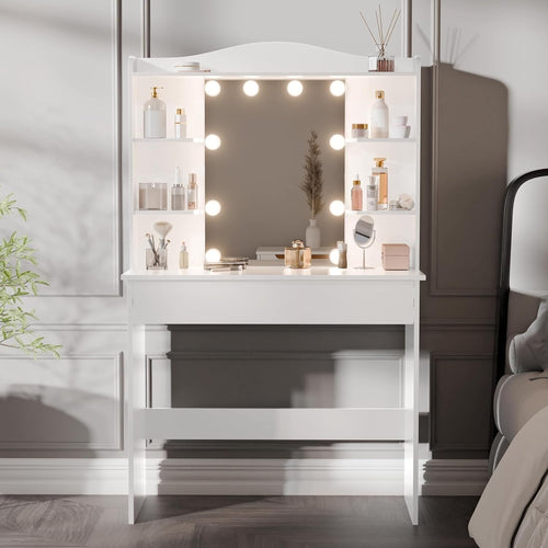 Modern White Dressing Table Vanity Mirror 10 LED Lights Storage Drawer & Shelves