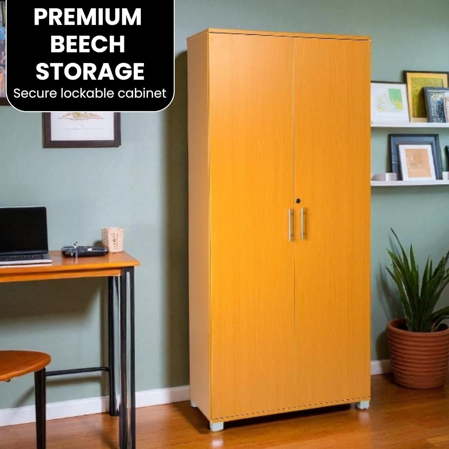 Tall Beech Storage Cupboard 2 Door Lockable Cabinet with 4 Shelves Office