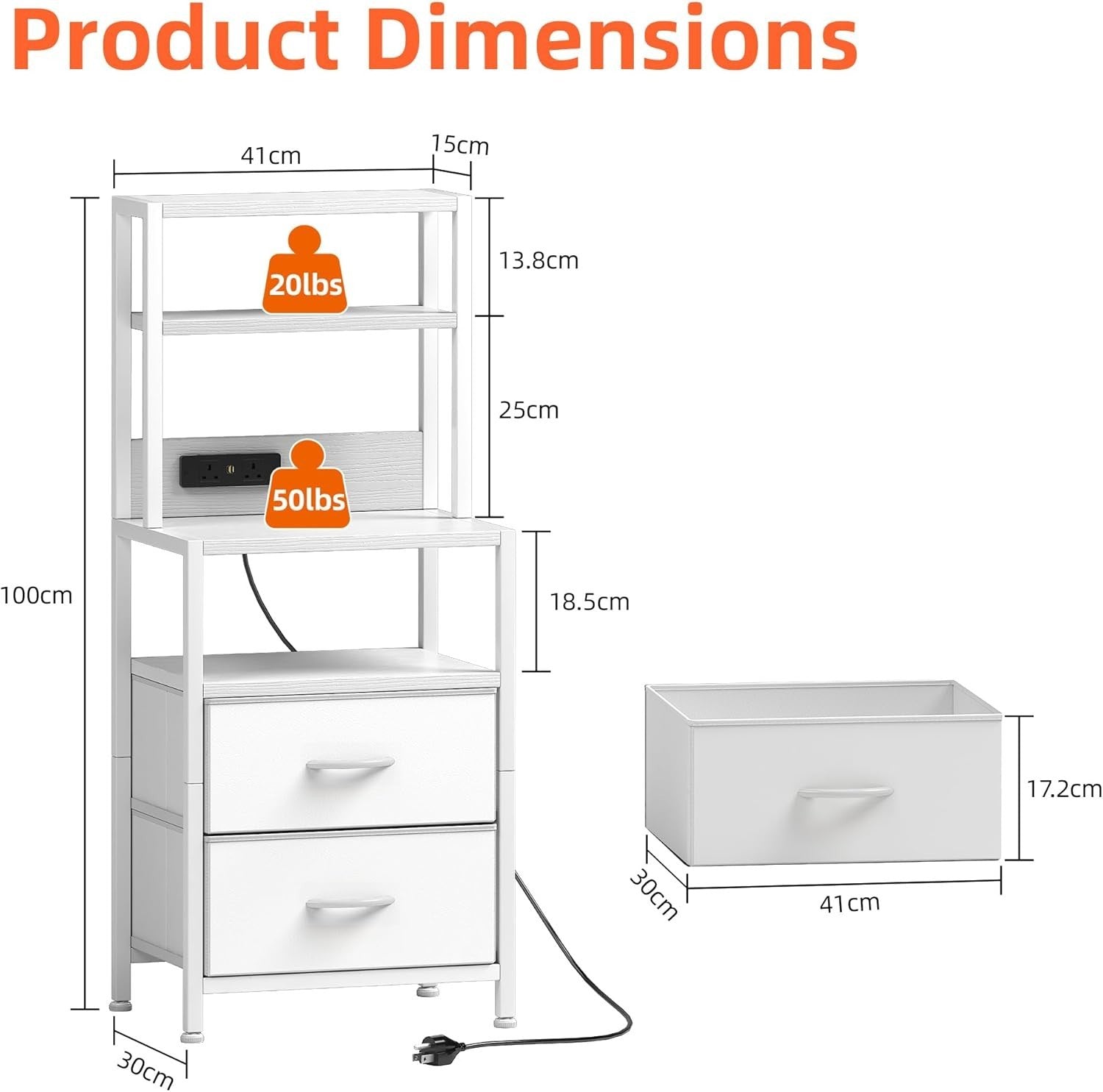 White Bedside Table with Charging Station & LED Light, 2 Drawers