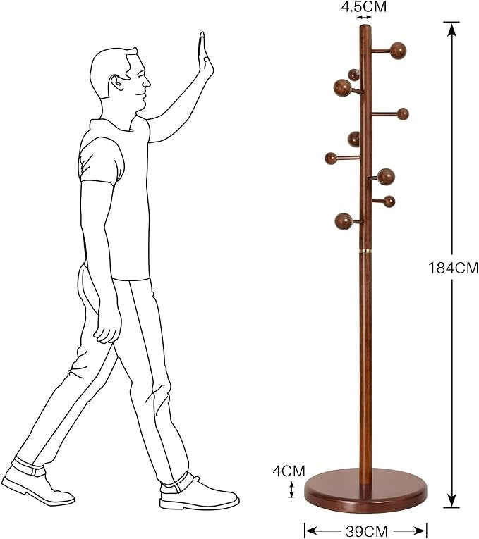 9-Hook Solid Wood Coat Rack 184cm Walnut Finish Freestanding Hall Stand