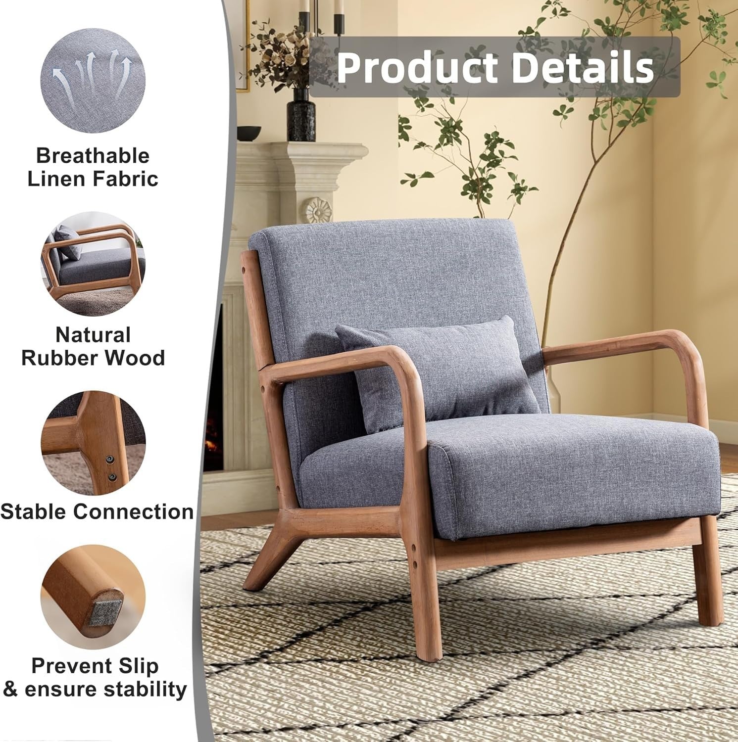 Modern Grey Accent Chair – High Back Linen Armchair with Wood Frame