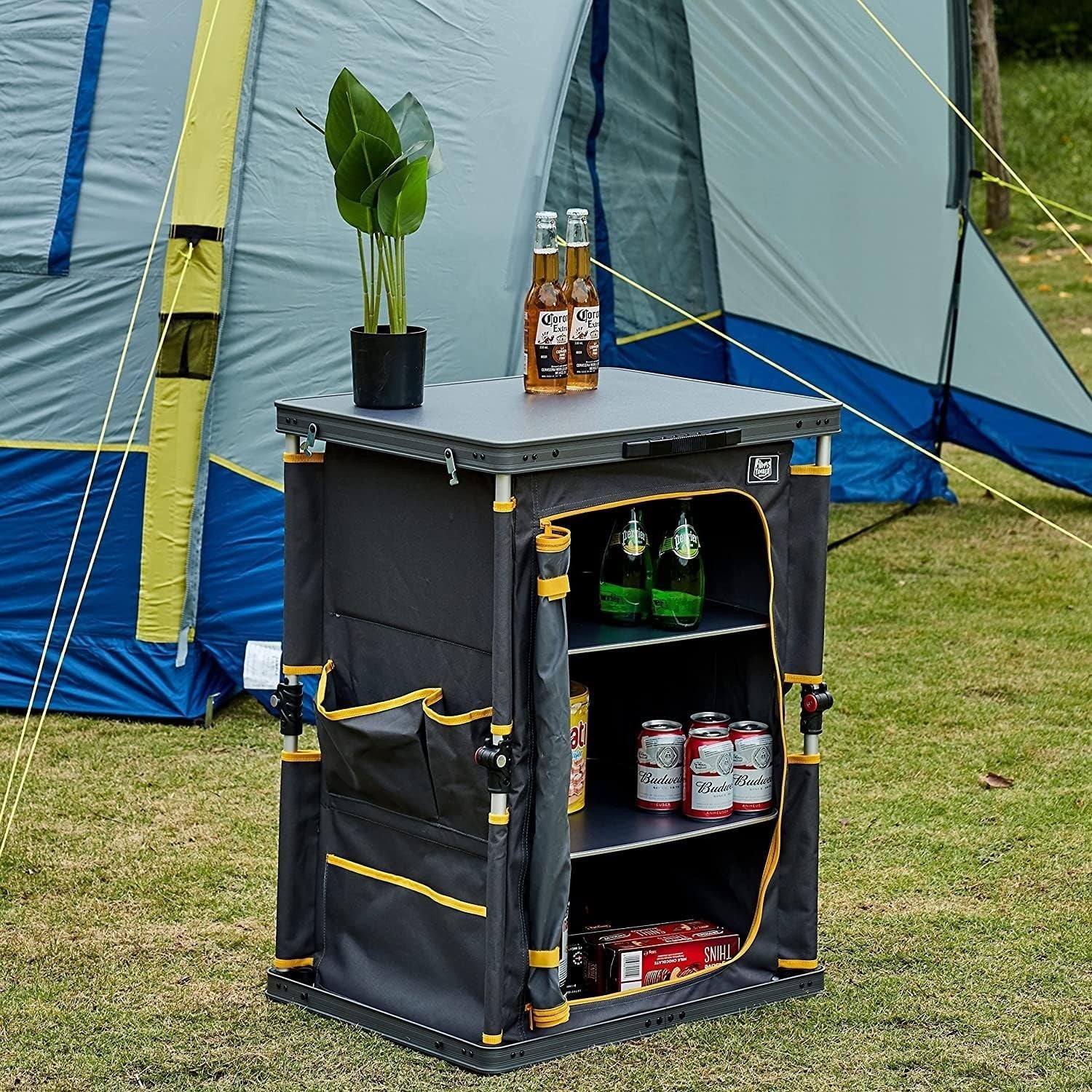Folding Camping Kitchen Unit 3 Shelf Cupboard Outdoor Storage 30kg