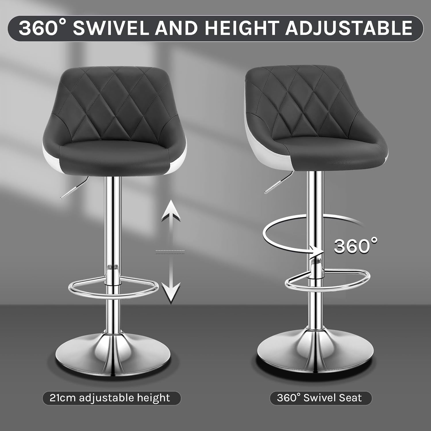 Grey+White Swivel Bar Stool – Adjustable Velvet Seat with Footrest