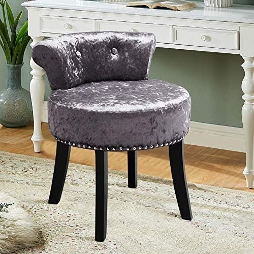 Dark Grey Ice Velvet Dressing Table Stool Low Back Wood Legs Footstool