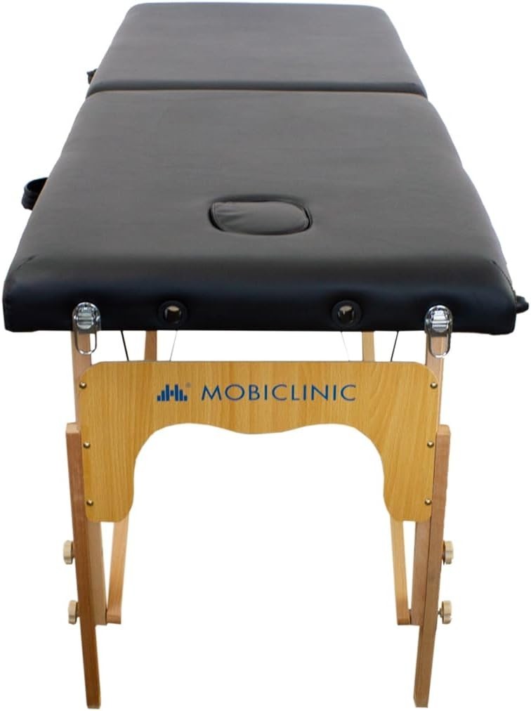 Portable Massage Table 2-Section Wooden Adjustable Therapy Bed w/ Headrest Black