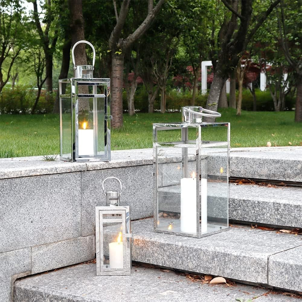 3 Pack Silver Stainless Steel Candle Lanterns Indoor Outdoor Decor