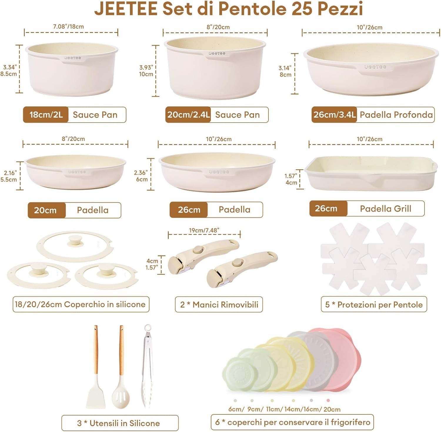 25pcs Beige Non Stick Cookware Set Induction Pots & Pans with Detachable Handles