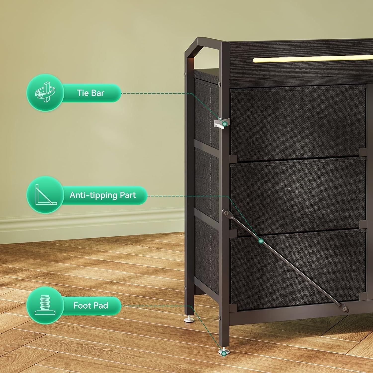 Black 8-Drawer Chest with LED Lights USB AC Outlets Fabric Storage Cabinet
