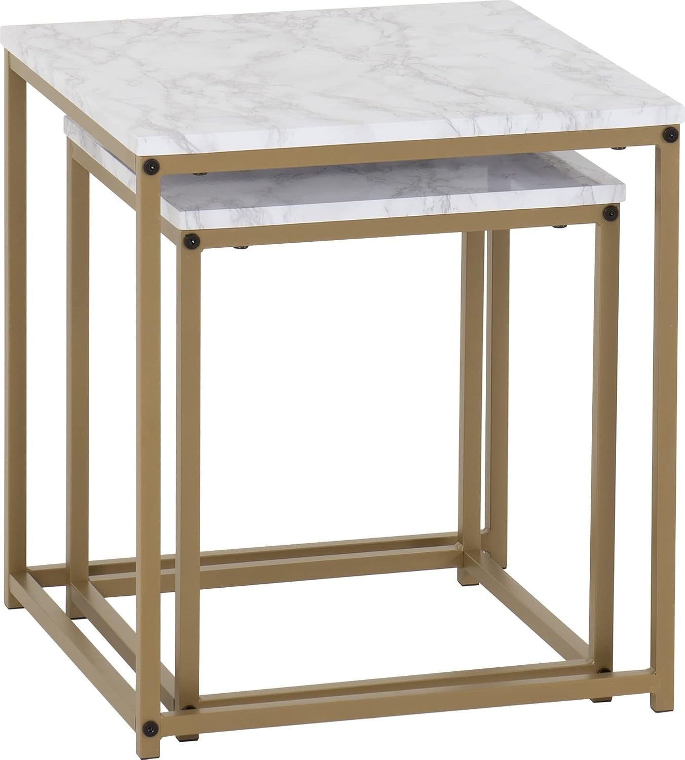 Modern Nesting End Tables Marble Gold Effect Metal Frame 2 Pcs Square Side Set