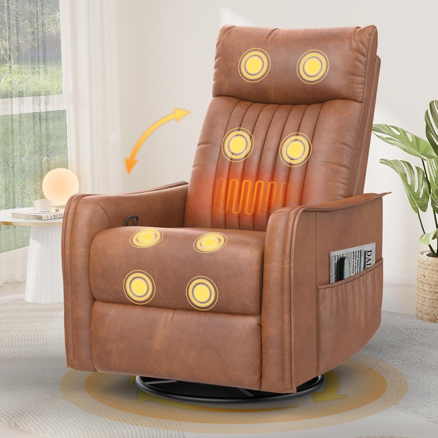 Swivel Rocking Recliner Chair Massage Heat 3-in-1 Footrest Dual Pockets Brown