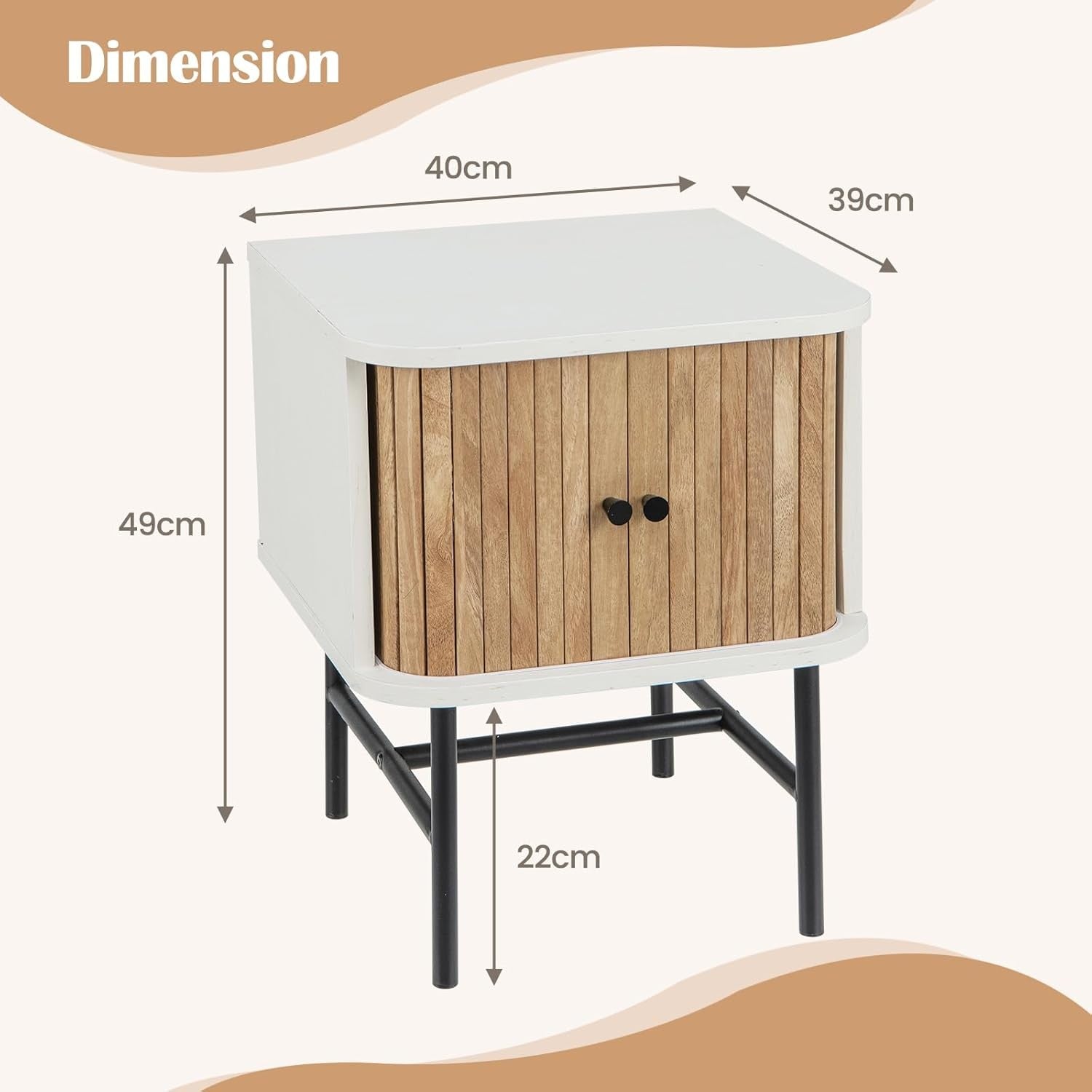 White Bedside Table with Sliding Doors & Metal Legs – Compact Modern Nightstand