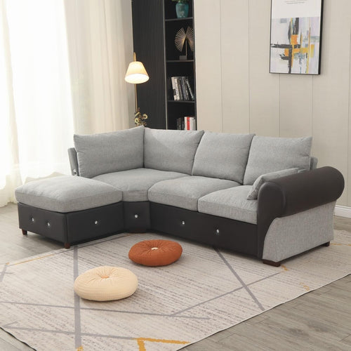 L-Shape 4-5 Seater Corner Sofa with USB Port Chaise – Linen Fabric & Faux Leathe