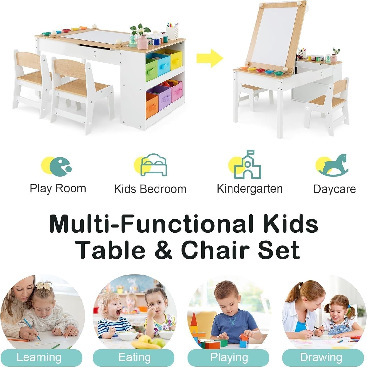 Kids 2-in-1 Art Table & Chair Set with Storage Bins, Paper Roll for Drawing