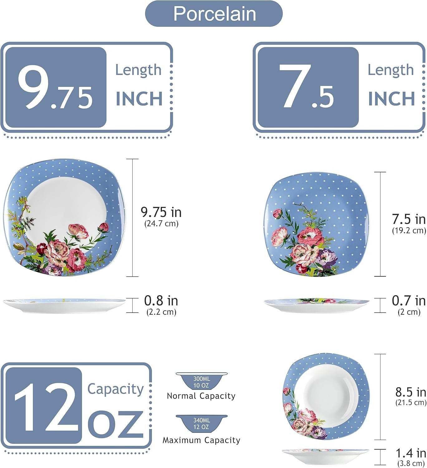 18 Piece Porcelain Dinner Set for 6 Floral Plates Bowls Microwave Safe