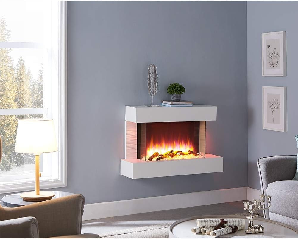 Wall Mounted Electric Fireplace 39" White LED Heater Mood Lighting