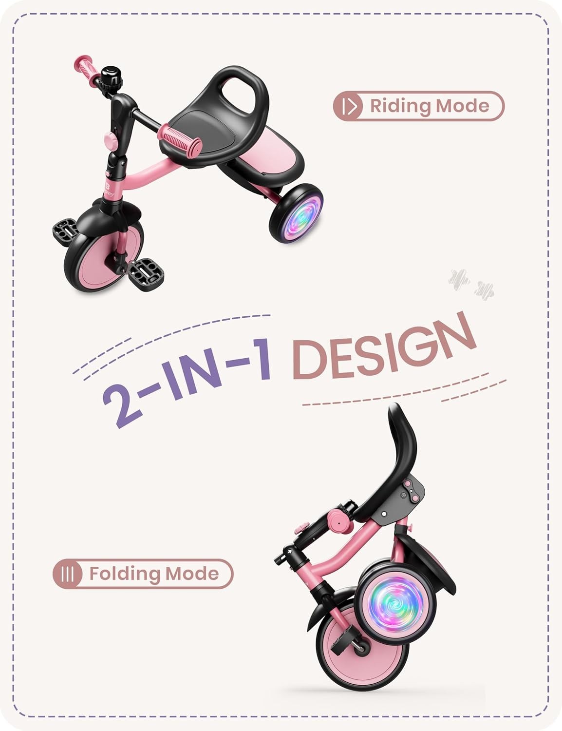 Kids Tricycle Flash LED Wheels Foldable Toddler Bike Pink Age 18M-5Y