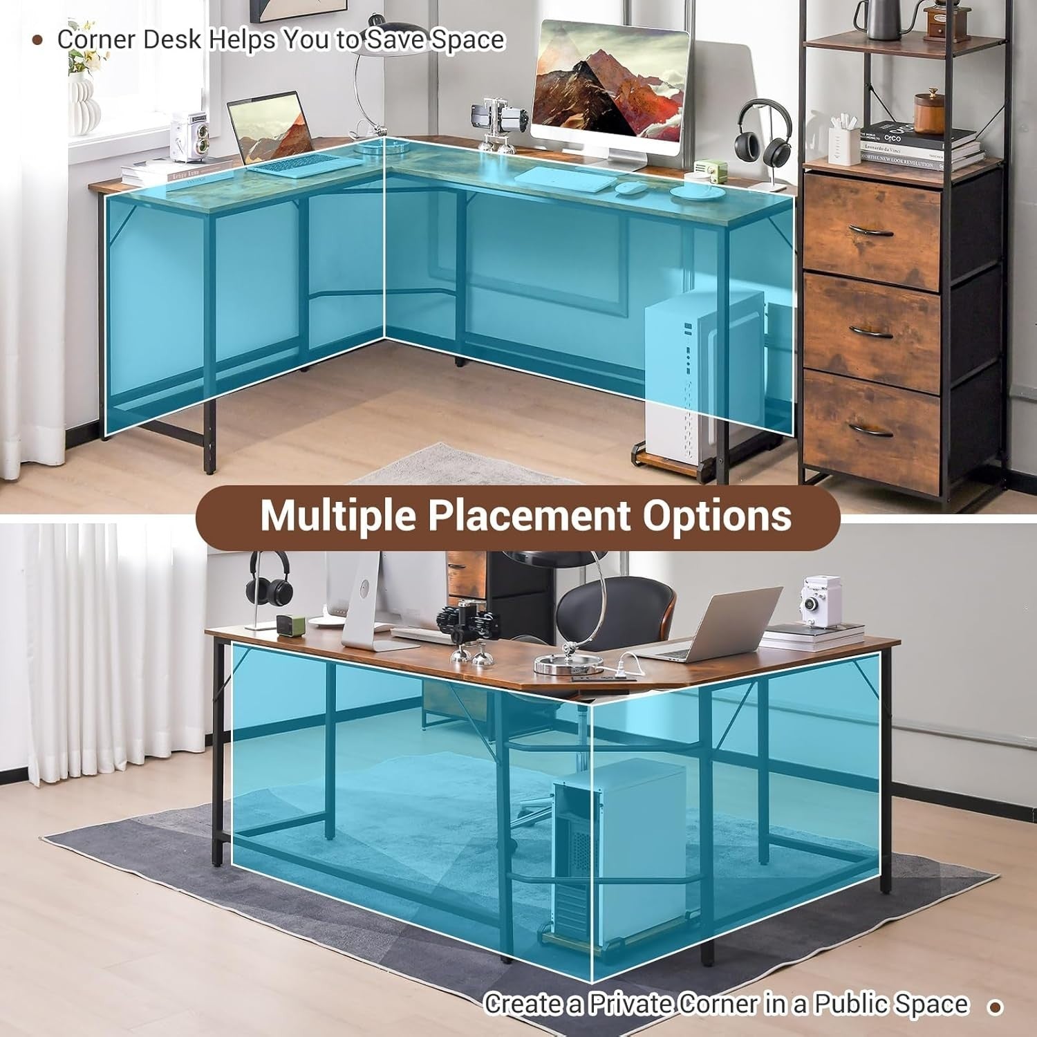 Rustic Brown L-Shaped Desk 168cm Corner Computer Table with CPU Stand