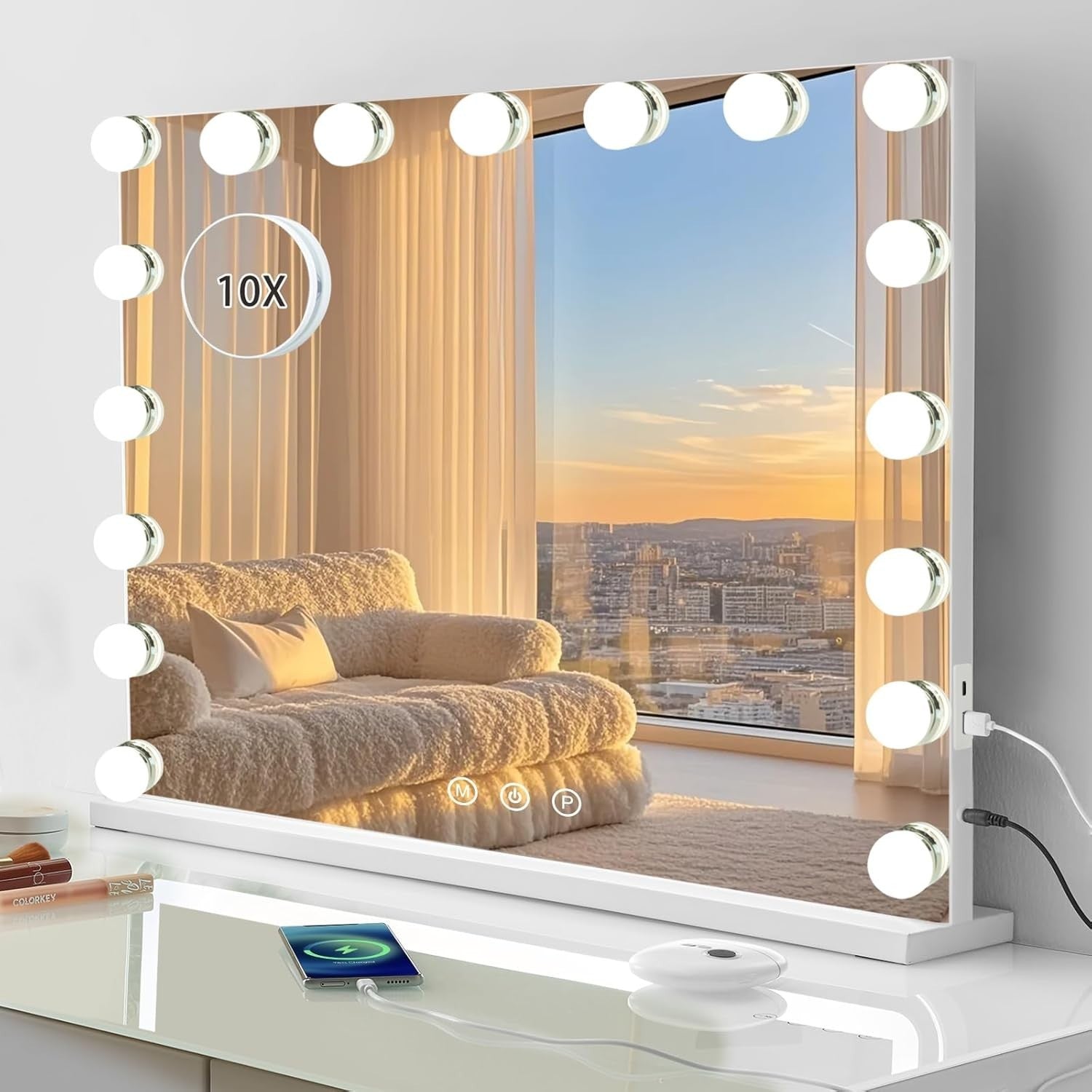 Large Vanity Mirror 80x60cm with LED Lights, Dimmable, 10X Magnifier, USB