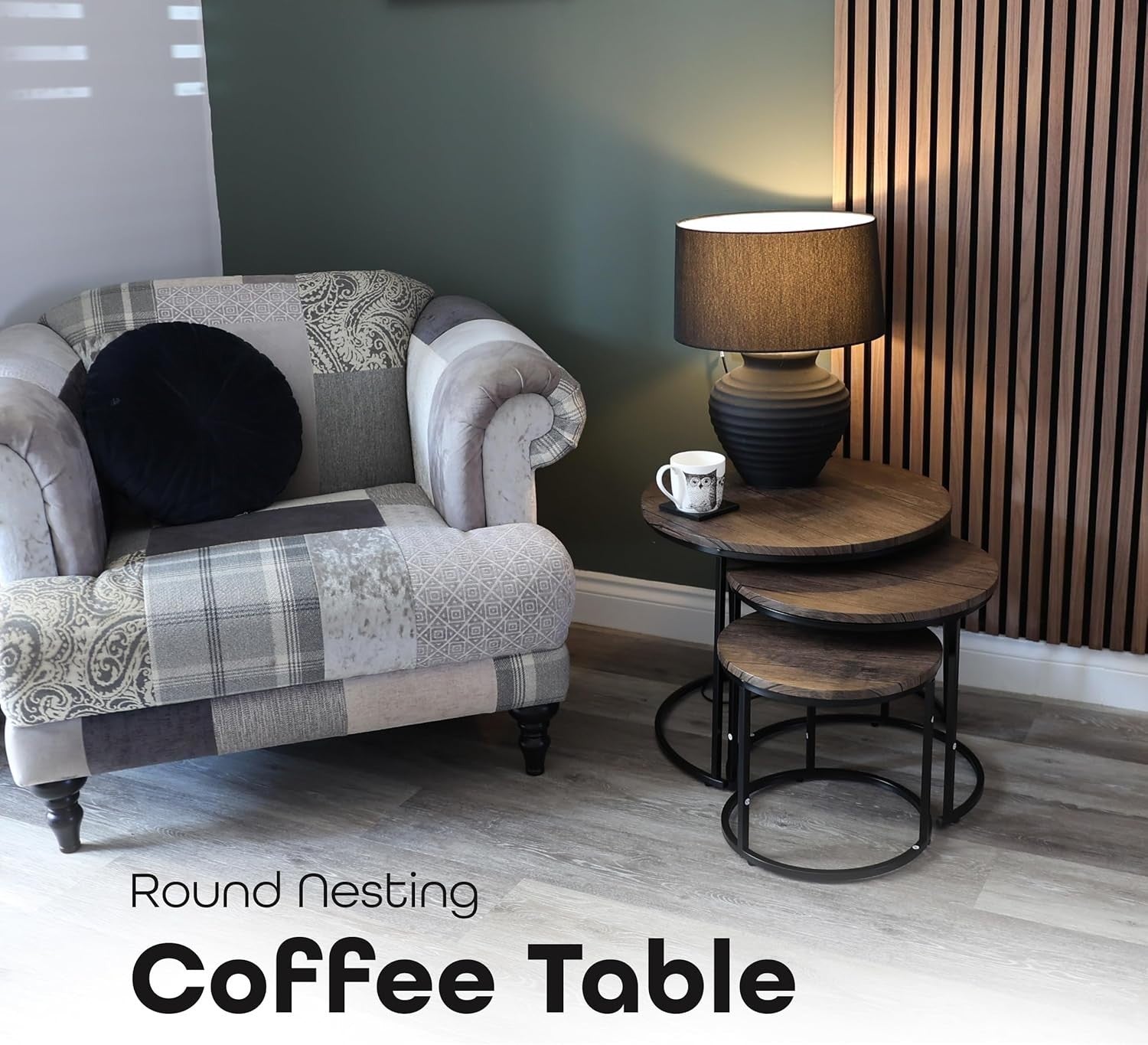 Round Nesting Coffee Table Set of 3 – Space-Saving Modern End Tables, Black