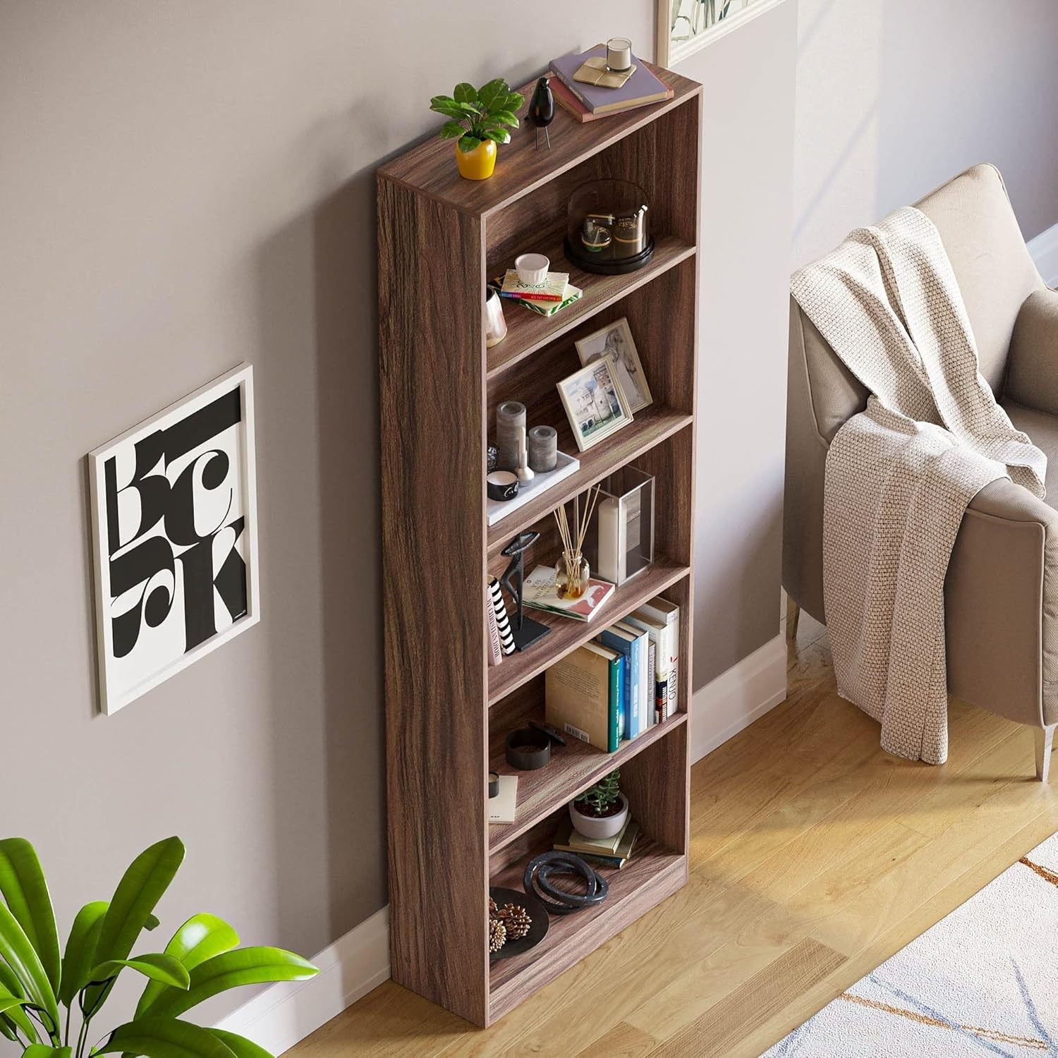 5 Tier Walnut Wooden Bookcase Modern Storage Display Shelf for Living Room