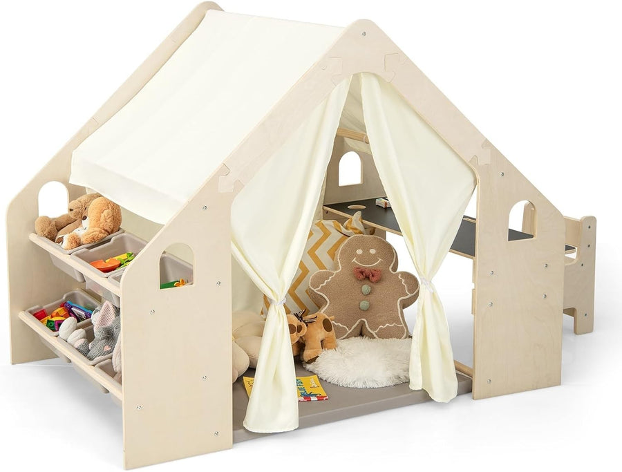 6 in 1 Kids Play Tent Indoor Wooden Playhouse w Mat Table Chair