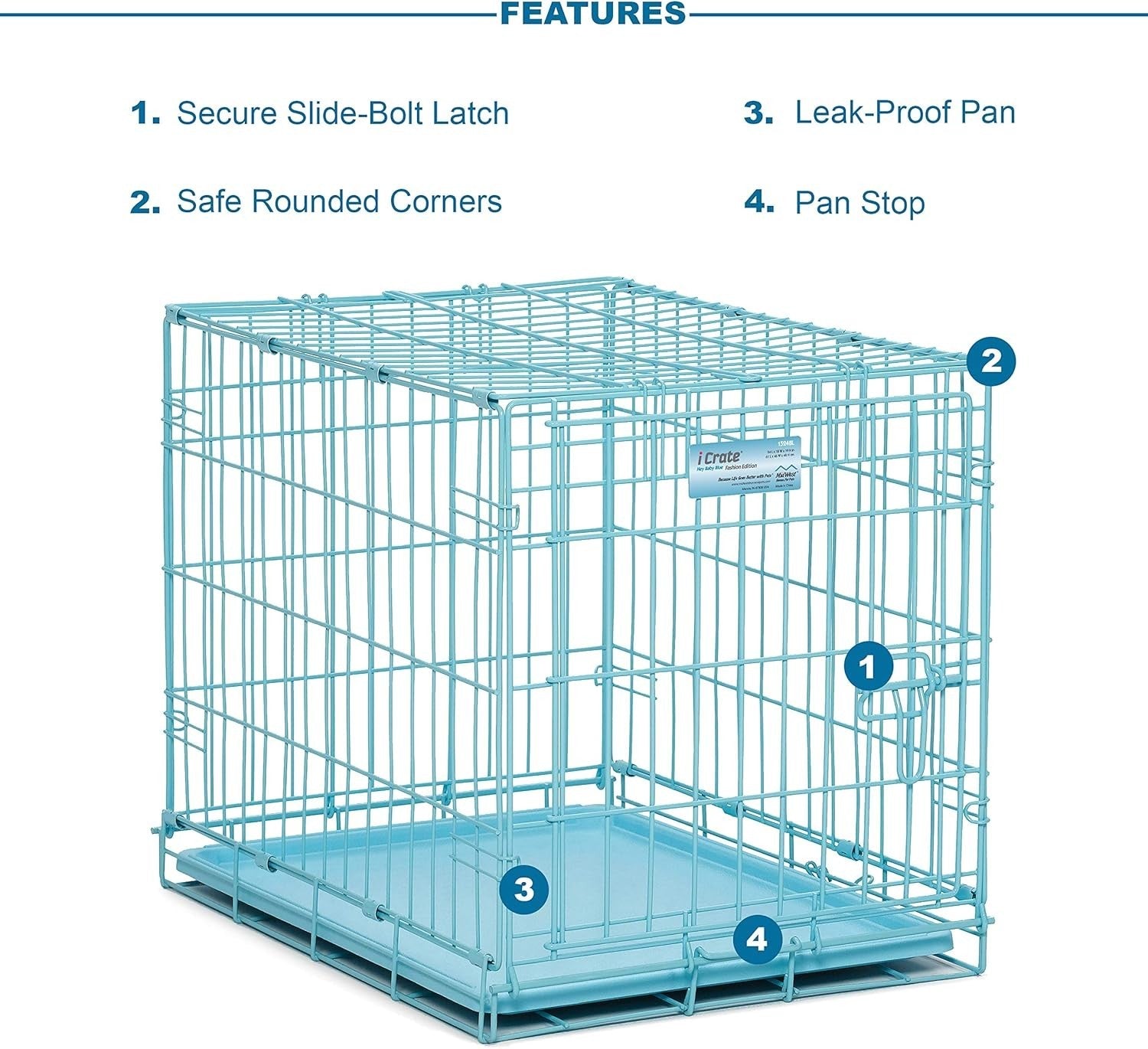 Portable Blue Single Door Dog Crate 62cm with Divider, Leak-Proof Pan & Rollers