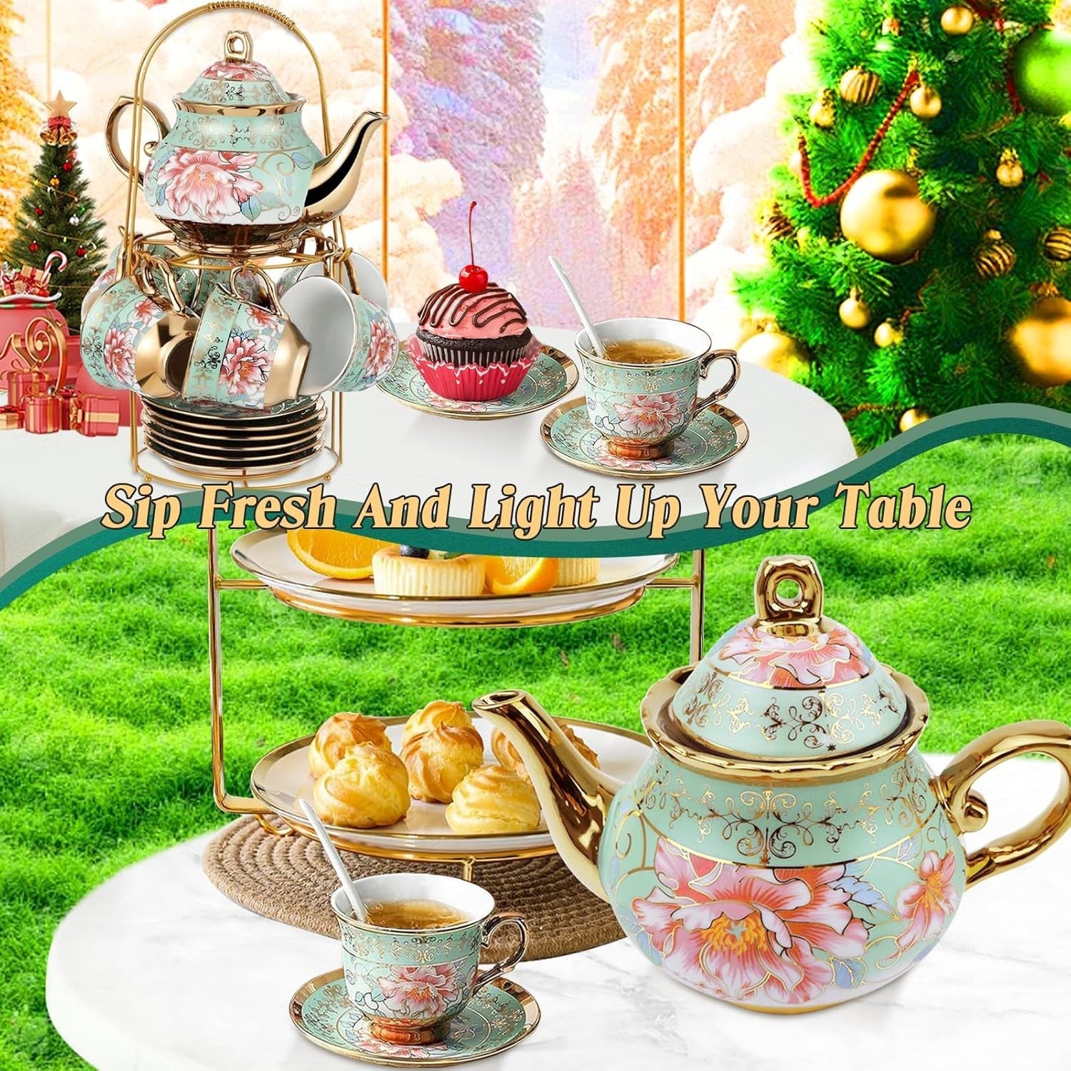 20Pc Green Porcelain Tea Set Gold Floral Teapot Cups Saucers Stand